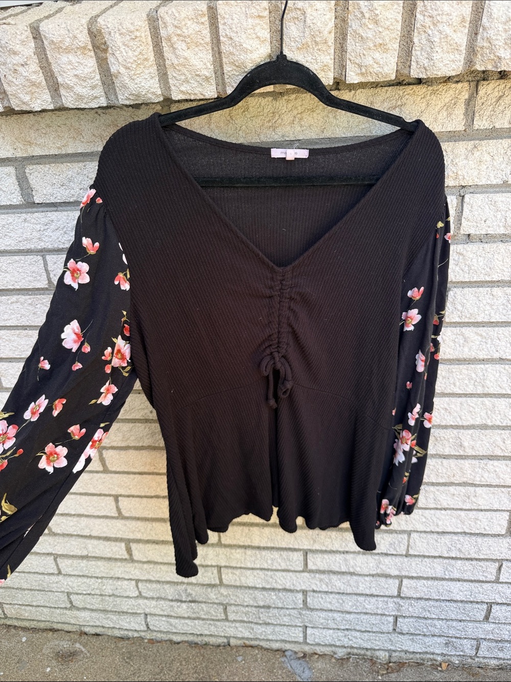 Maurices Black V-Neck Long Sleeve Top with Pink Floral Sleeves